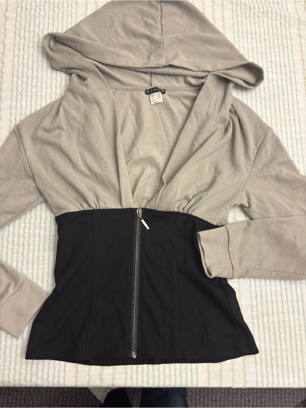VENUS Taupe Hooded Top with Black Waist Zip Panel